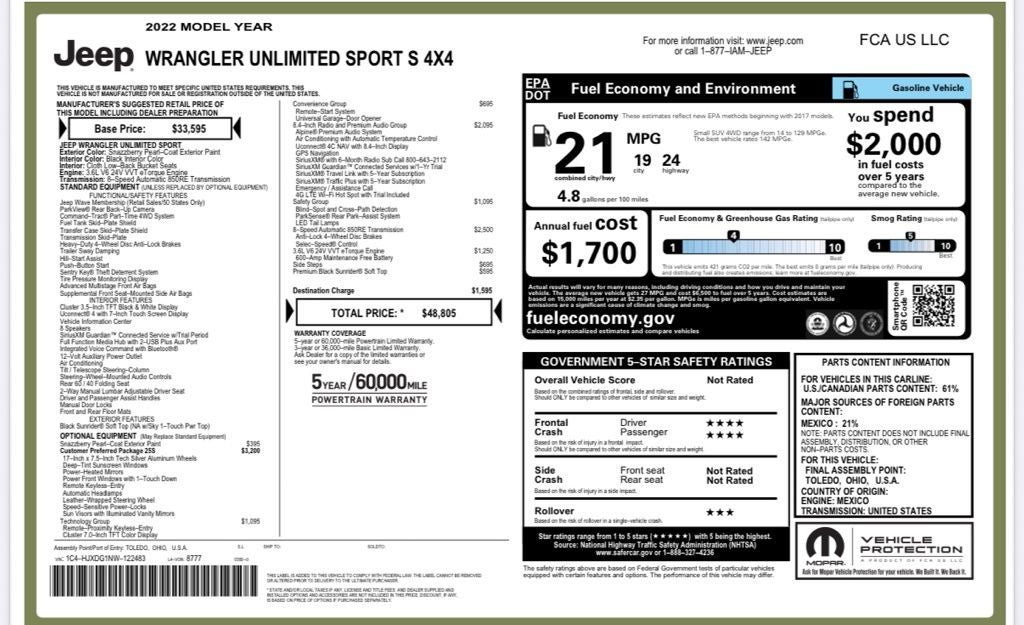 2022 Jeep Wrangler Unlimited Sport S