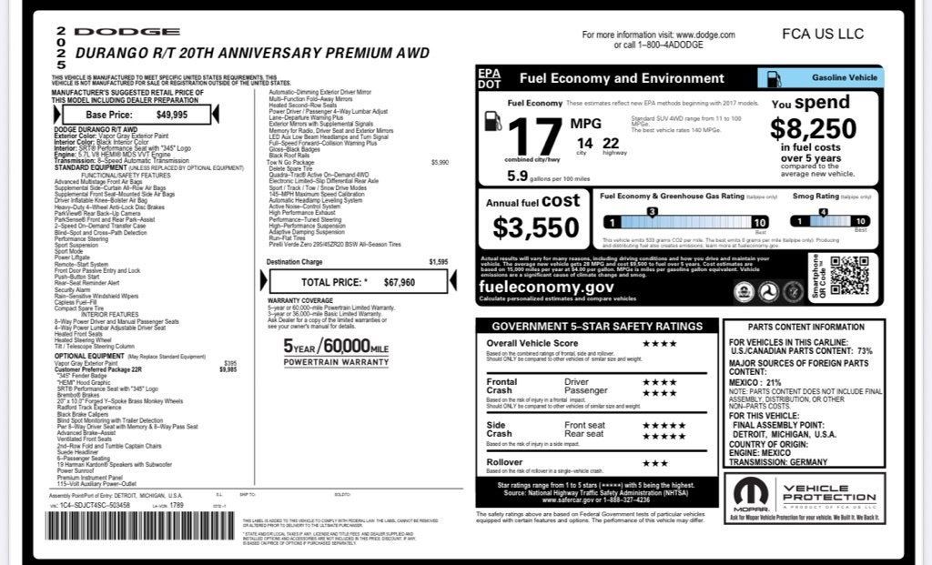 2025 Dodge Durango R/T 20th Anniversary Premium