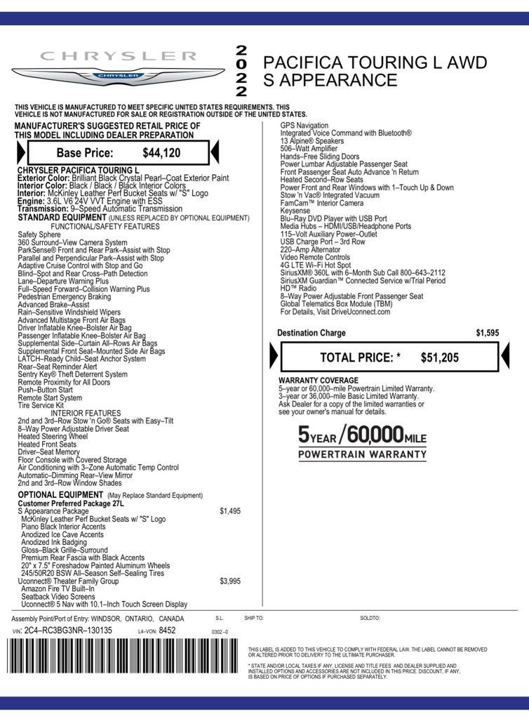2022 Chrysler Pacifica Touring L