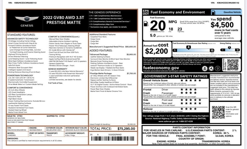 2022 Genesis GV80 3.5T Prestige Signature